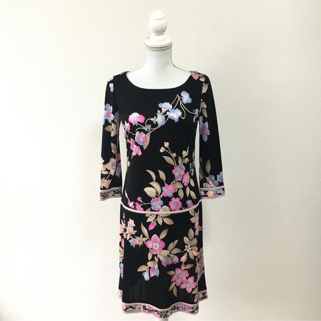 美品 LEONARD レオナール カンカン ストレッチ 花柄 ドレス ワンピース 美品 LEONARD レオナール カンカン ストレッチ 花柄 ドレス ワンピース