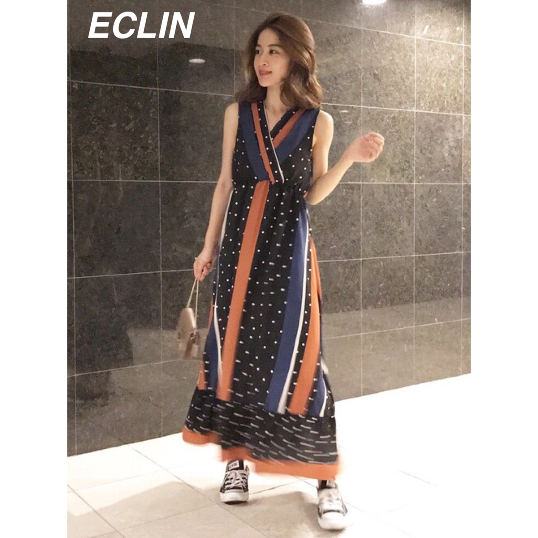 エクラン　ワンピース　ECLIN  エクラン　ラインドットカシュクールワンピース