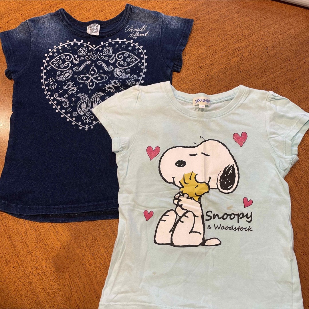 F.O.KIDS(エフオーキッズ)の110 半袖Tシャツ 2枚セット 水色 ハート 花柄 スヌーピー デニム風 キッズ/ベビー/マタニティのキッズ服女の子用(90cm~)(Tシャツ/カットソー)の商品写真