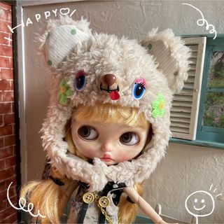 くまさん帽子 サーモンピンク【ネオ ブライス】被り物 アニマル帽子