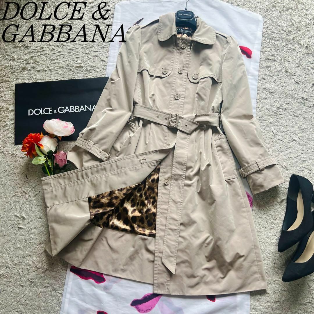 素材ポリエステル【美品】DOLCE&GABBANA ロングトレンチコート レオパード 36