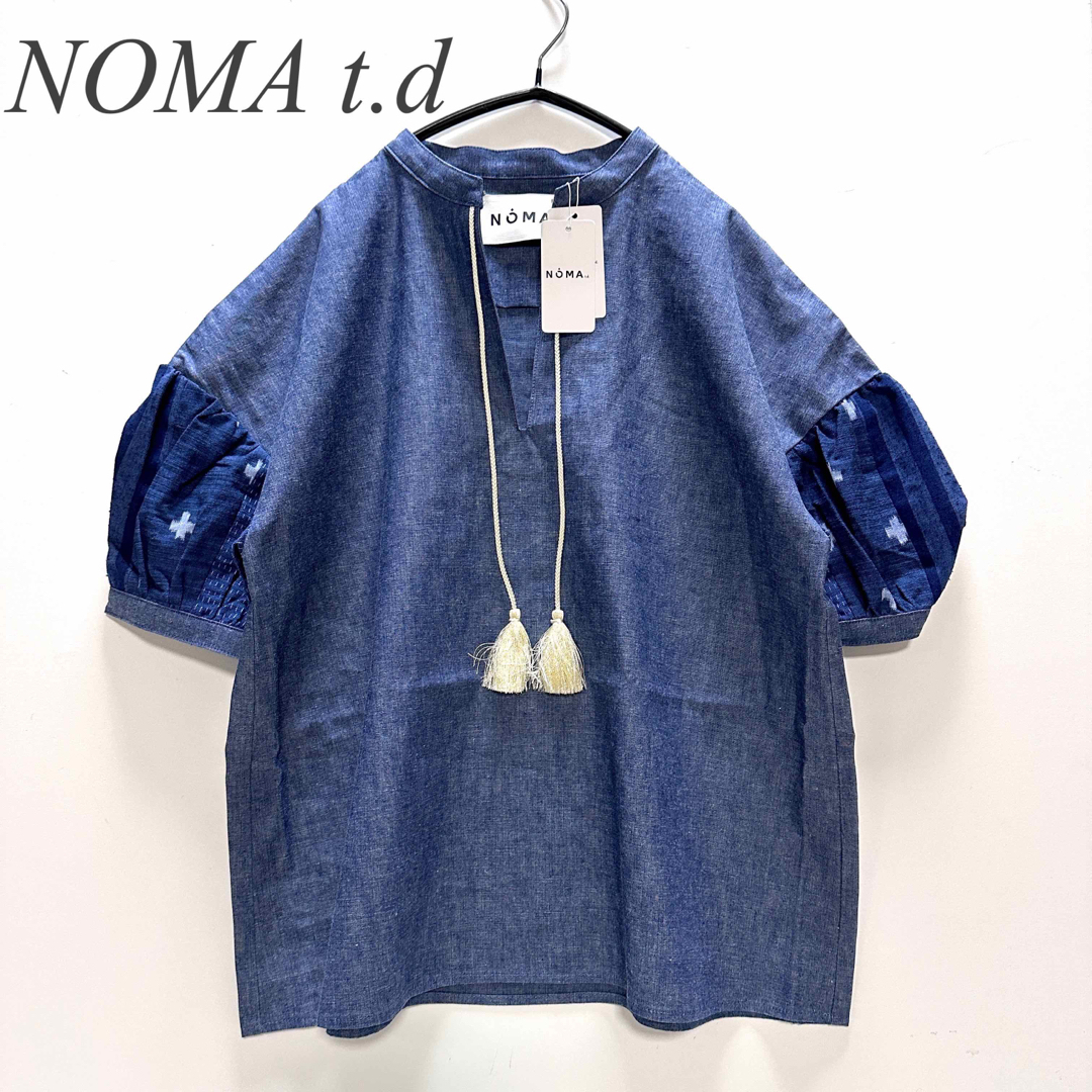 【NOMA t.d】バンダナ柄 ダンガリー パフスリーブキーネックブラウス