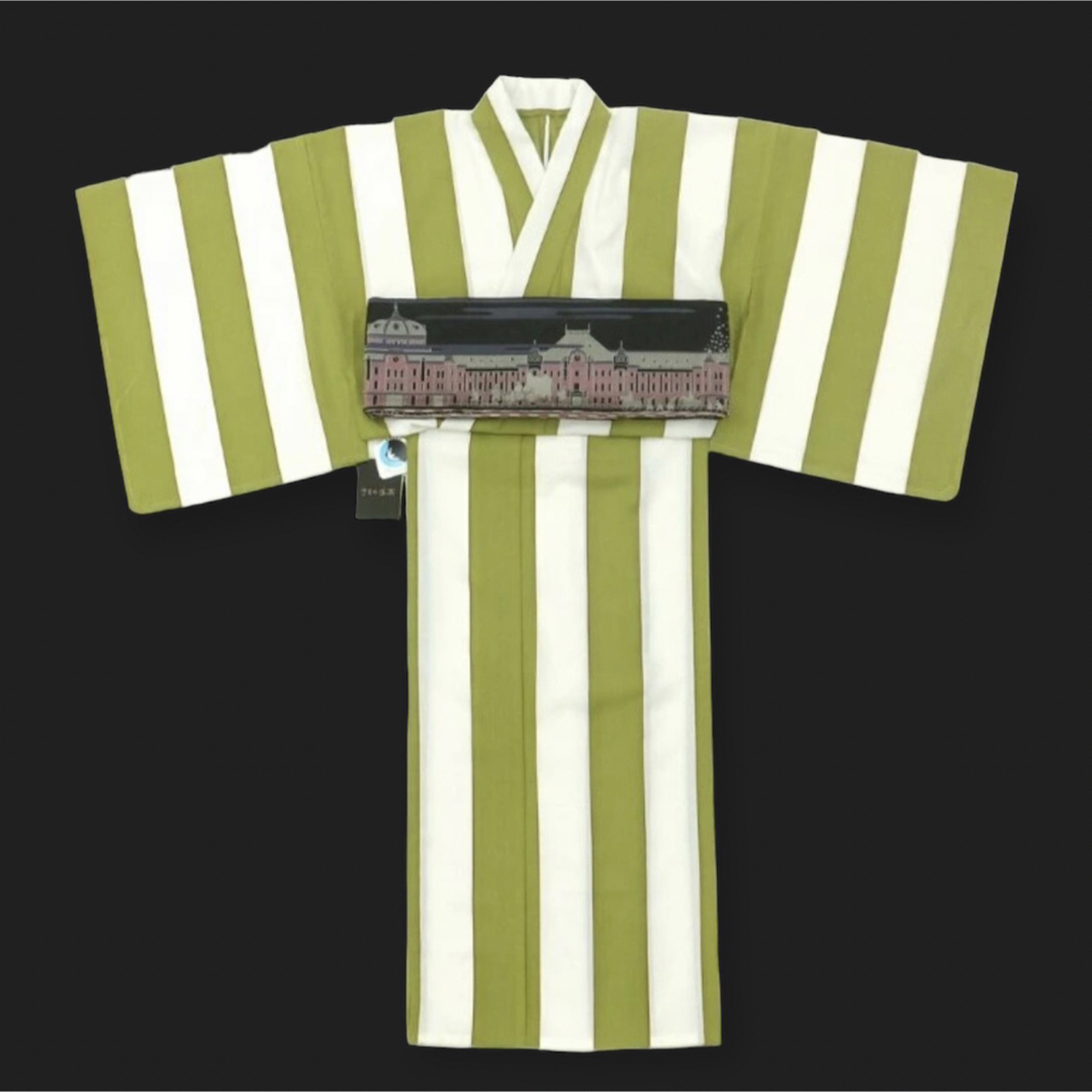 新品 高級ブランド浴衣【きもの道楽】太縞 グリーン セオα★夏着物 お単衣にも♪