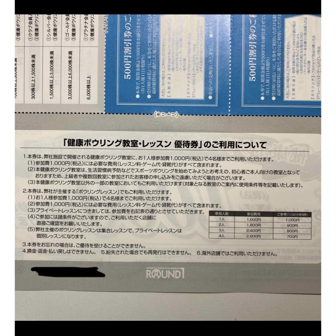 ラウンドワン　株主優待 チケットの施設利用券(ボウリング場)の商品写真