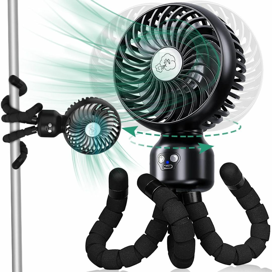 自動首振り＆巻き付き自由自在携帯扇風機 充電式 小型扇風機 首振り ミニ扇風機