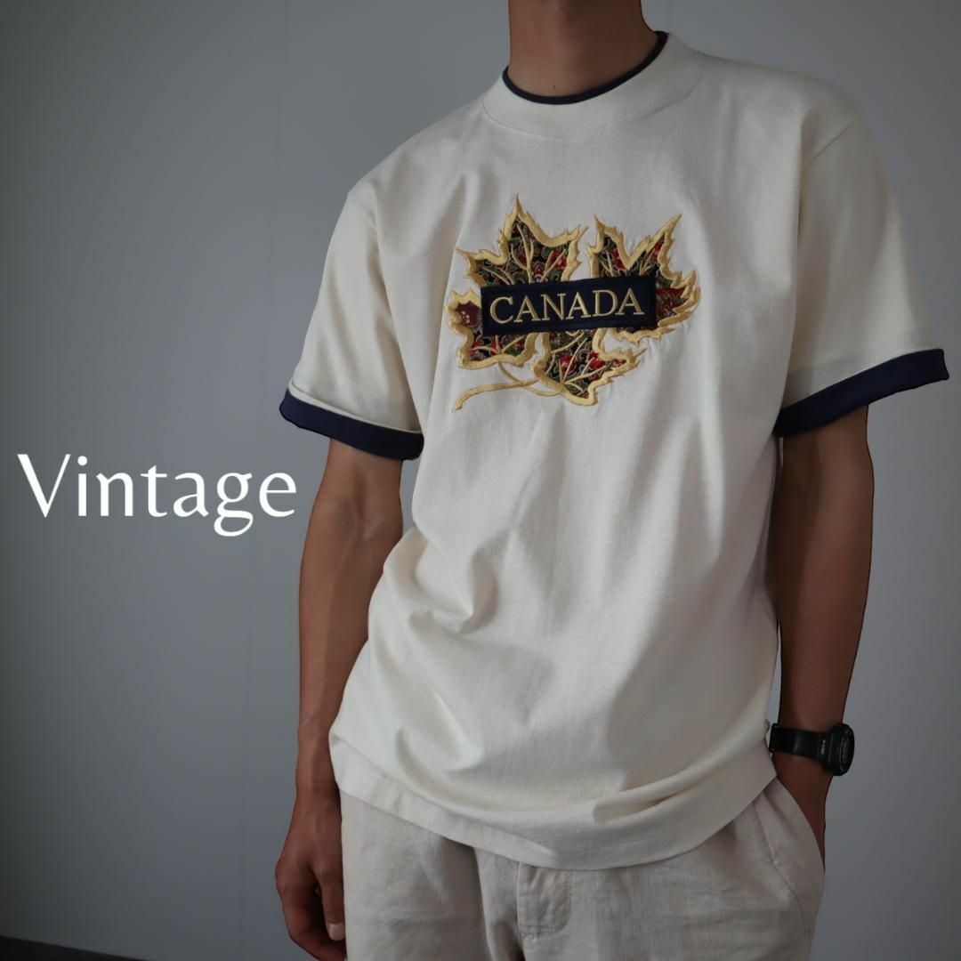 【vintage】カナダ製 メープル 金刺繍 クルーネック レトロ Tシャツ 白