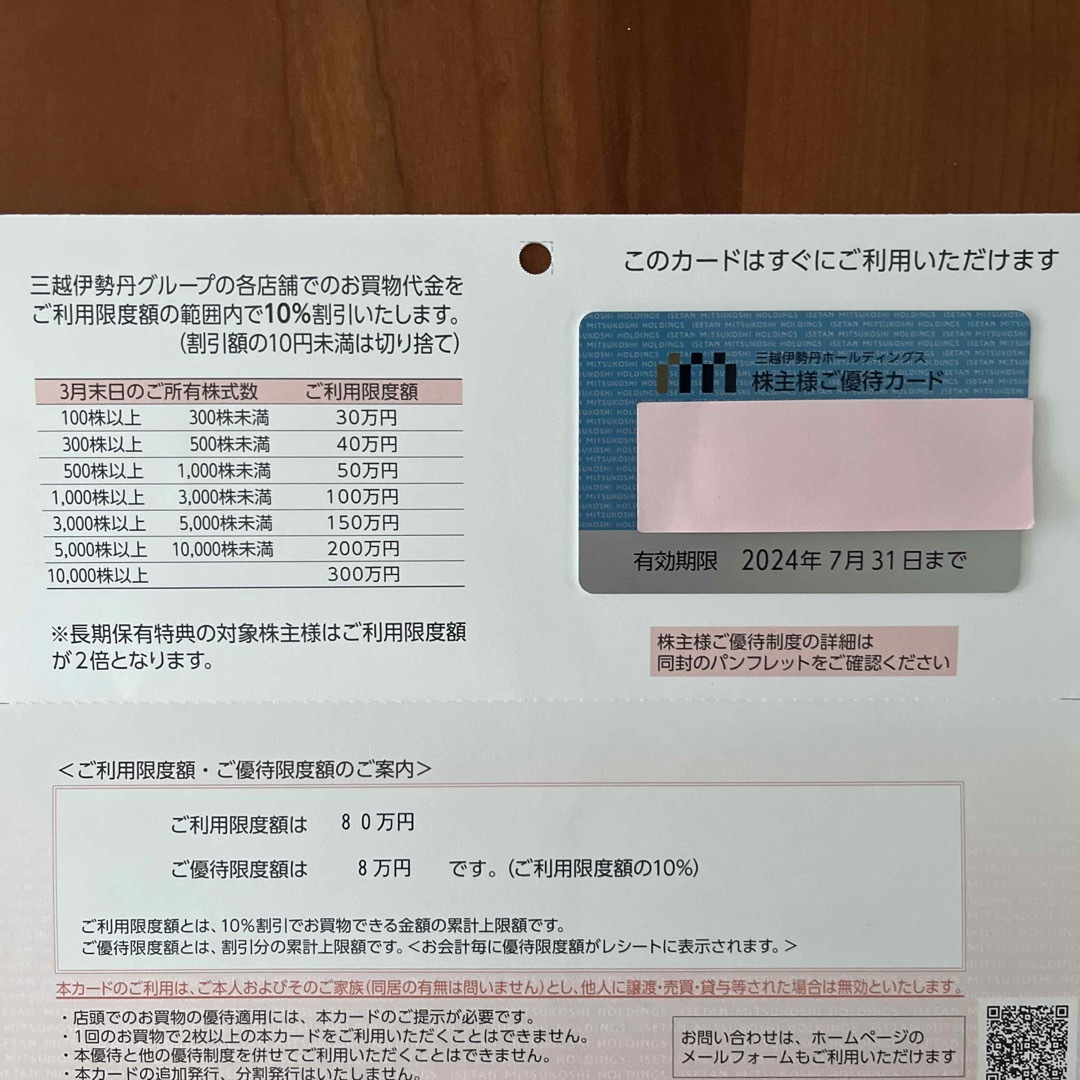 三越伊勢丹　株主優待カード80万円