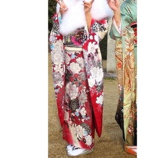 ユミカツラ(YUMI KATSURA)の桂由美　振り袖（赤白）長襦袢、帯、（半衿、重ね衿2枚、帯あげ帯締めセット付）(振袖)