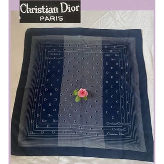 クリスチャンディオール(Christian Dior)のディオール　ネイビー地にホワイトストライプ柄　シルクスカーフ(バンダナ/スカーフ)