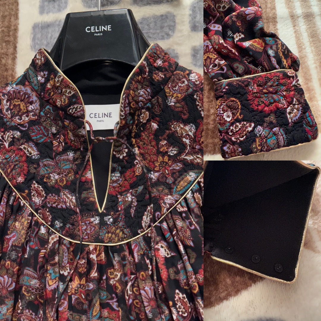 CELINE - CELINE セリーヌ フォークドレス ワンピース シルク 花 CELINE - CELINE セリーヌ フォークドレス ワンピース シルク 花