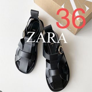 ザラ(ZARA)のZARA レザーフラットケージサンダル　グルカサンダル　ブラック(サンダル)