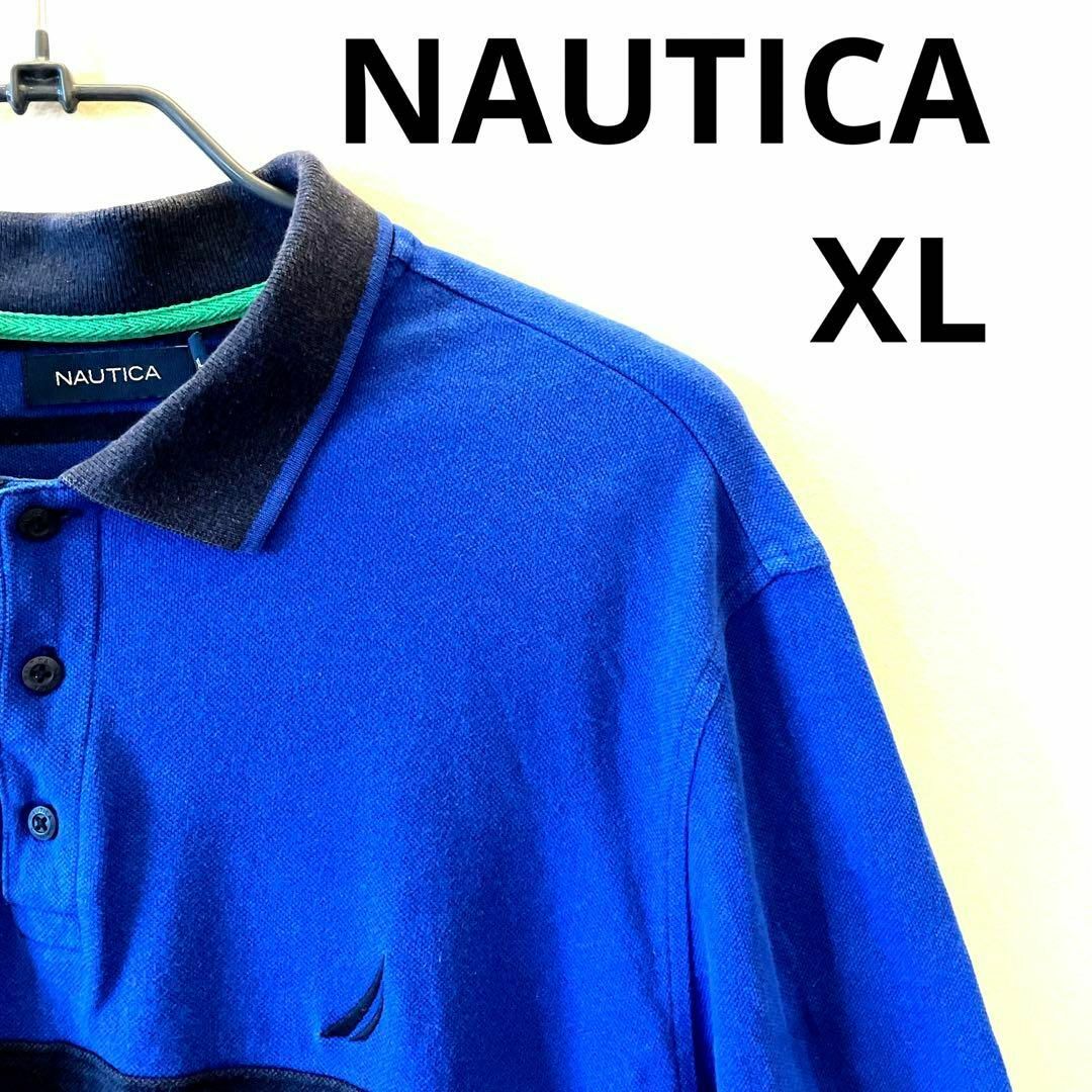NAUTICA(ノーティカ)のXL ノーティカ　ポロシャツ　ビッグロゴ　ブルー　青　ボーダー メンズのトップス(ポロシャツ)の商品写真