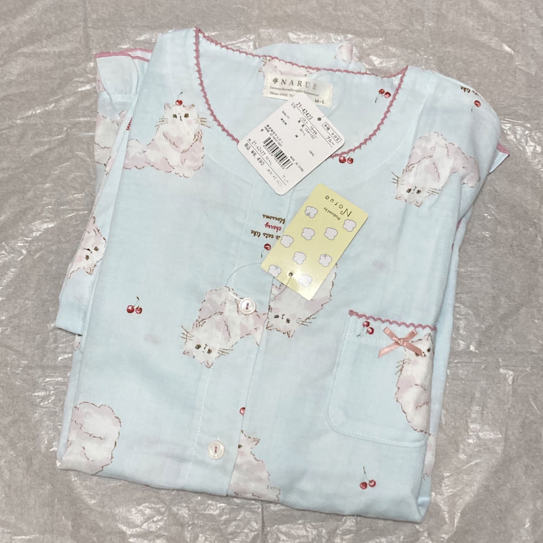 新品☆ナルエー かわいい半袖パジャマ Wガーゼ  M〜Lサイズ☆ネコ ブルー