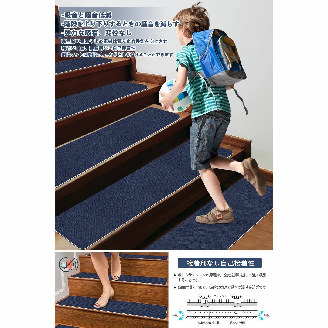 【色: 紺色】HUIJIE 階段マット滑り止め 階段カーペット吸着 【70X22 3