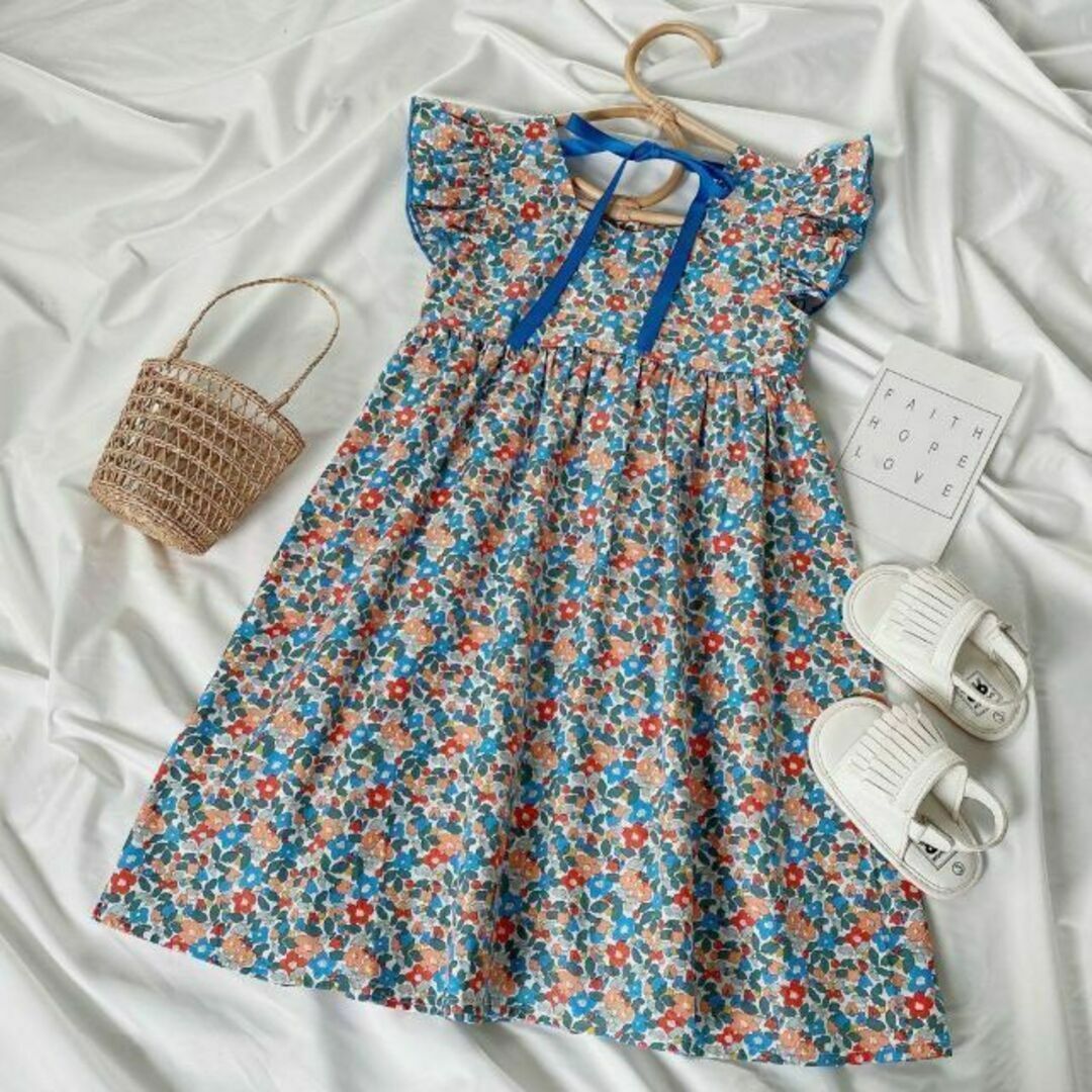 新品　キッズワンピース　花柄　ふんわり　フリル　リボン　女の子　夏　110 キッズ/ベビー/マタニティのキッズ服女の子用(90cm~)(ワンピース)の商品写真