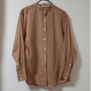 ユニクロ(UNIQLO)の☆UNIQLO シアー バンド カラー シャツ 羽織り 長袖 オレンジ XS(シャツ/ブラウス(長袖/七分))