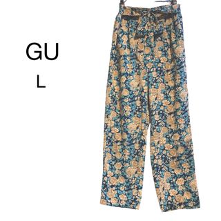 ジーユー(GU)の【美品】GU ジーユー　ヴィンテージ風　バラ柄　リボン　パンツ　L ゴム　花(カジュアルパンツ)