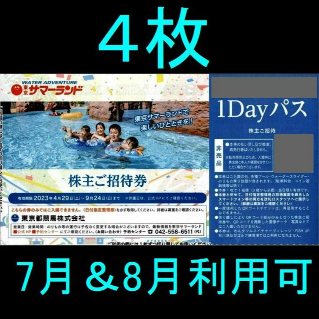 4枚セット 東京都競馬 株主優待 東京サマーランド 1dayパス - 遊園地 ...