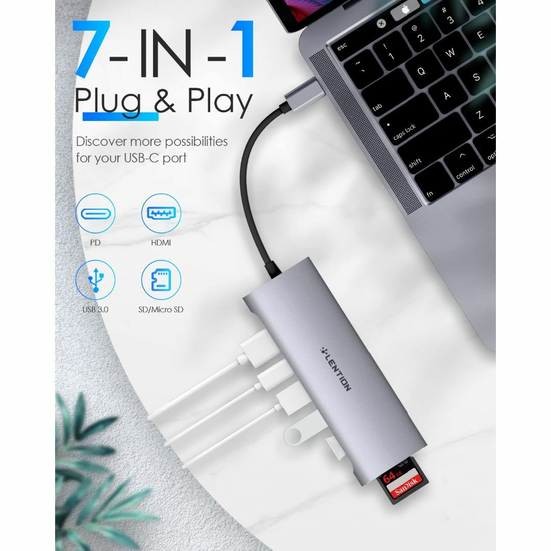 【色: グレイ】LENTION 7in1 USB Type C ハブ CB-C3PC/タブレット