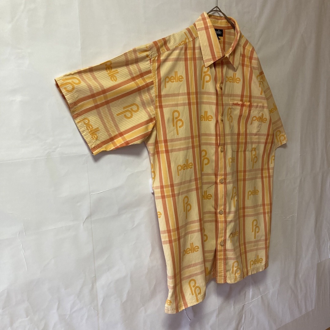 90s ペレペレ スタッズ レザー 鋲 刺繍 ロゴ 長袖シャツ イエロー XL