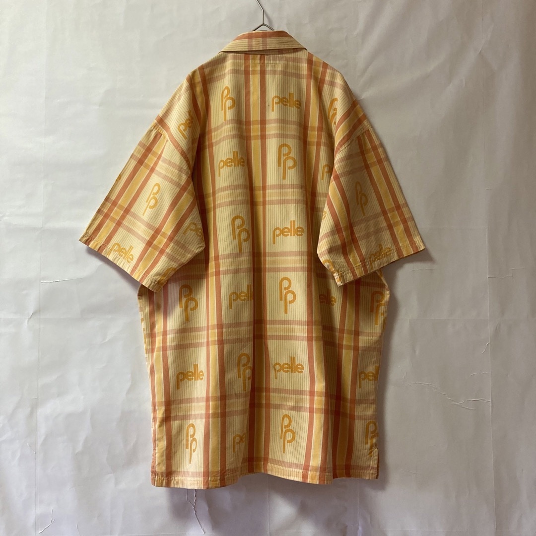 90s ペレペレ スタッズ レザー 鋲 刺繍 ロゴ 長袖シャツ イエロー XL