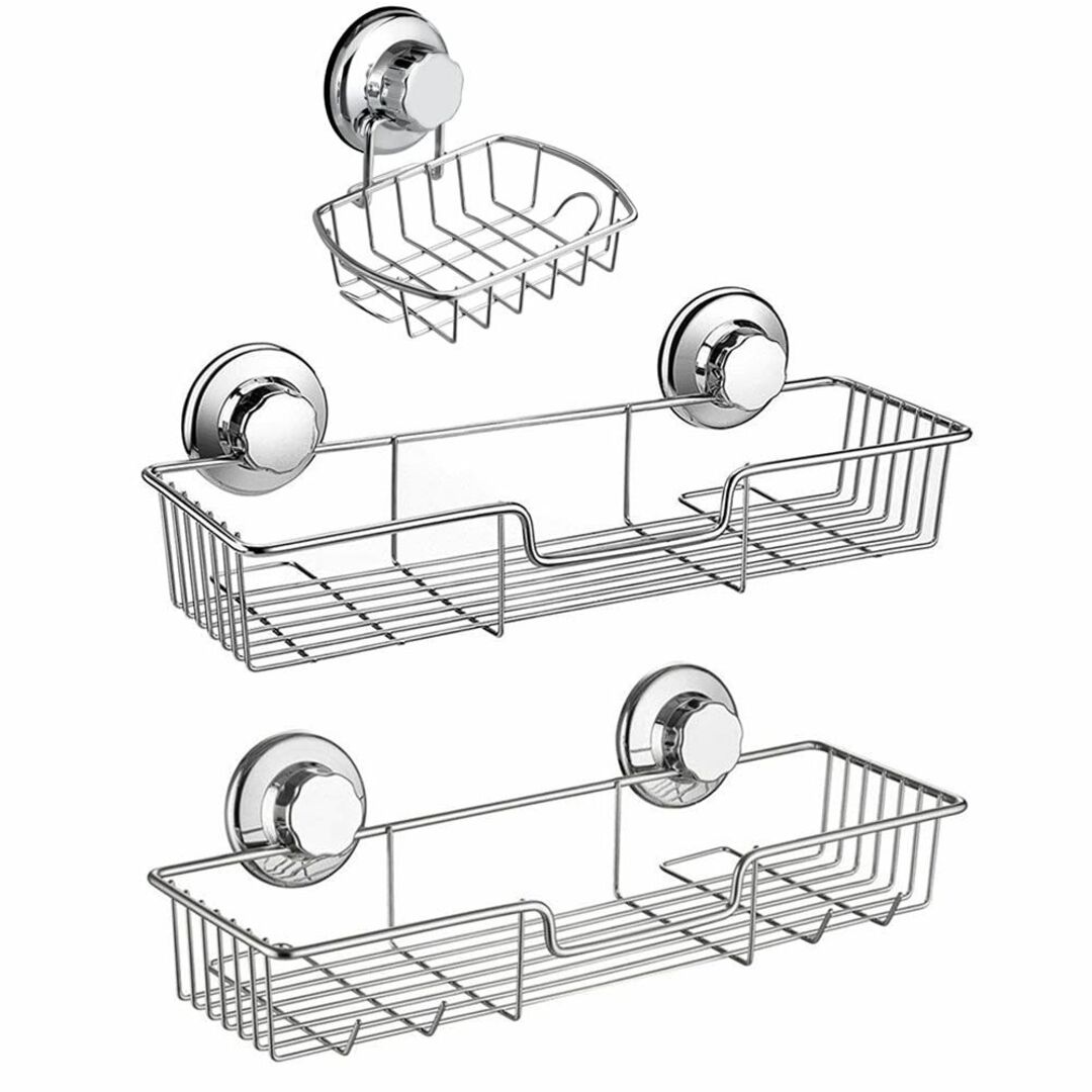 【色: ステンレス3】シャンプーラック石鹸置き3個セット 強力吸着 吸盤ラック