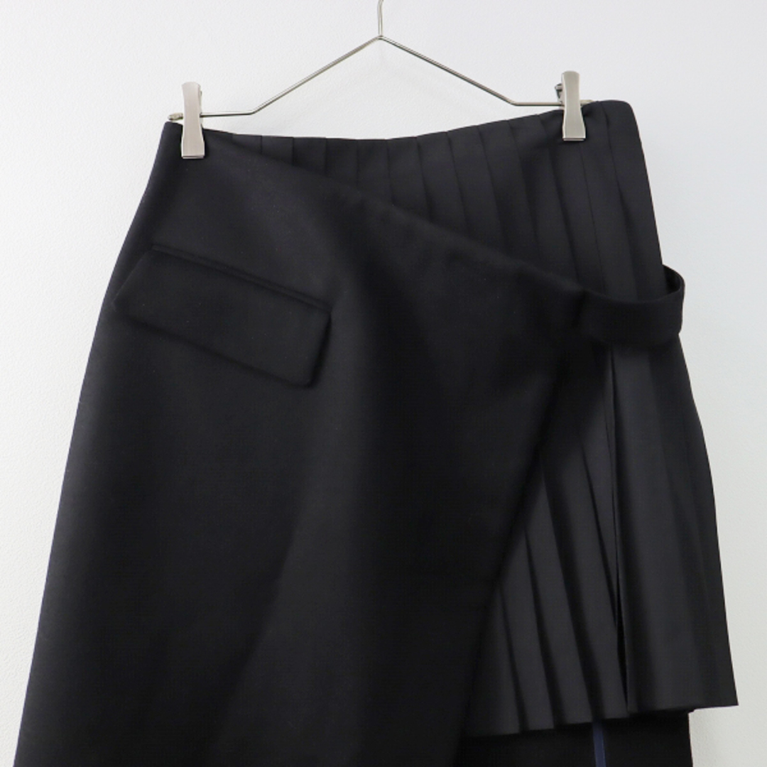 sacai(サカイ)の美品 2022AW Sacai サカイ Wool Melton Skirt  ウールメルトンスカート 2/ブラック 黒 プリーツ付き 巻き ラップ【2400013401661】 レディースのスカート(ひざ丈スカート)の商品写真