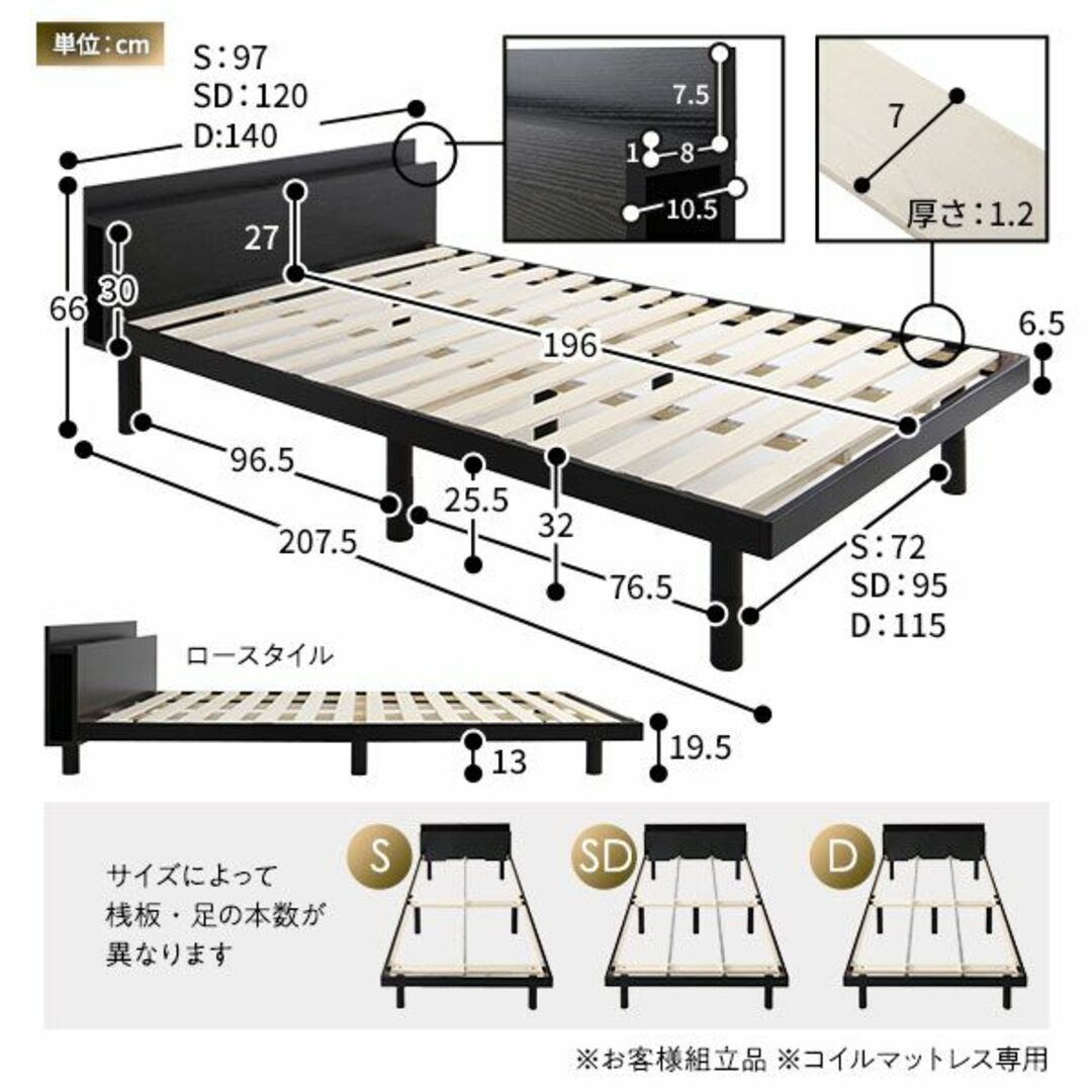 送料無料 シングルベッド マットレス付き ハイタイプ保証・棚・コンセントブラック