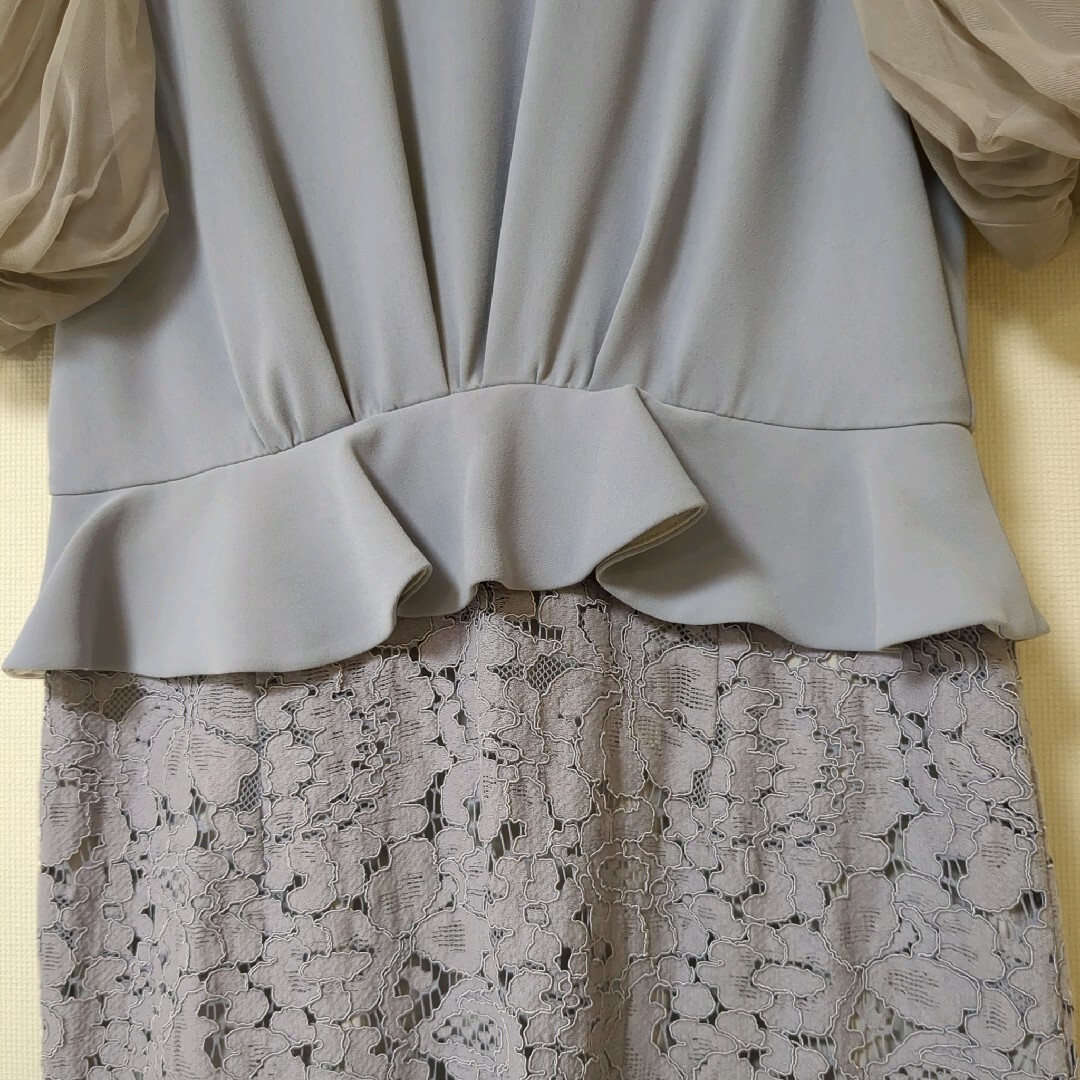 ワンピース　レース　パープル　M　38　トロワズィエムチャコ　お呼ばれ　ドレス レディースのフォーマル/ドレス(ミディアムドレス)の商品写真