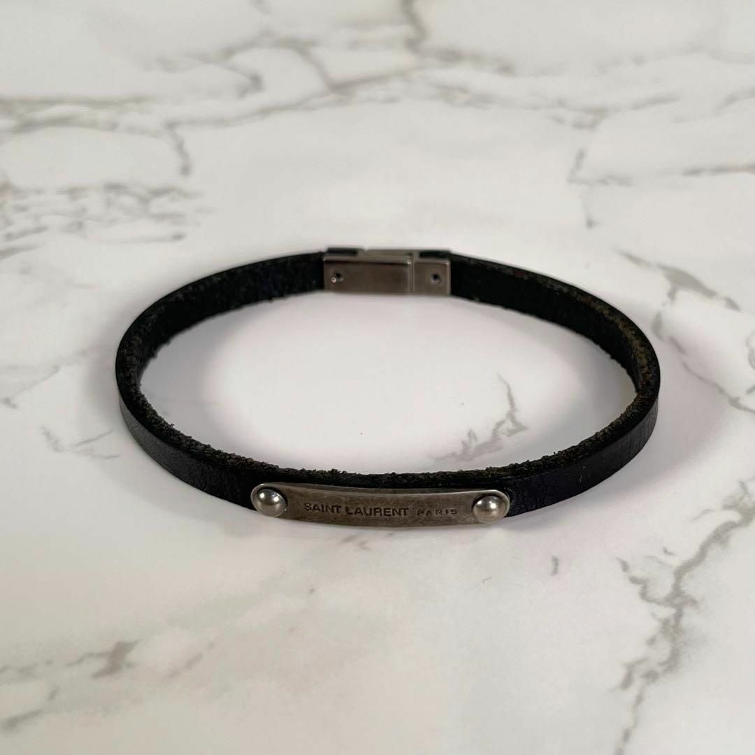 美品】サンローラン パリ IDプレート レザー ブレスレット ロゴ刻印 黒