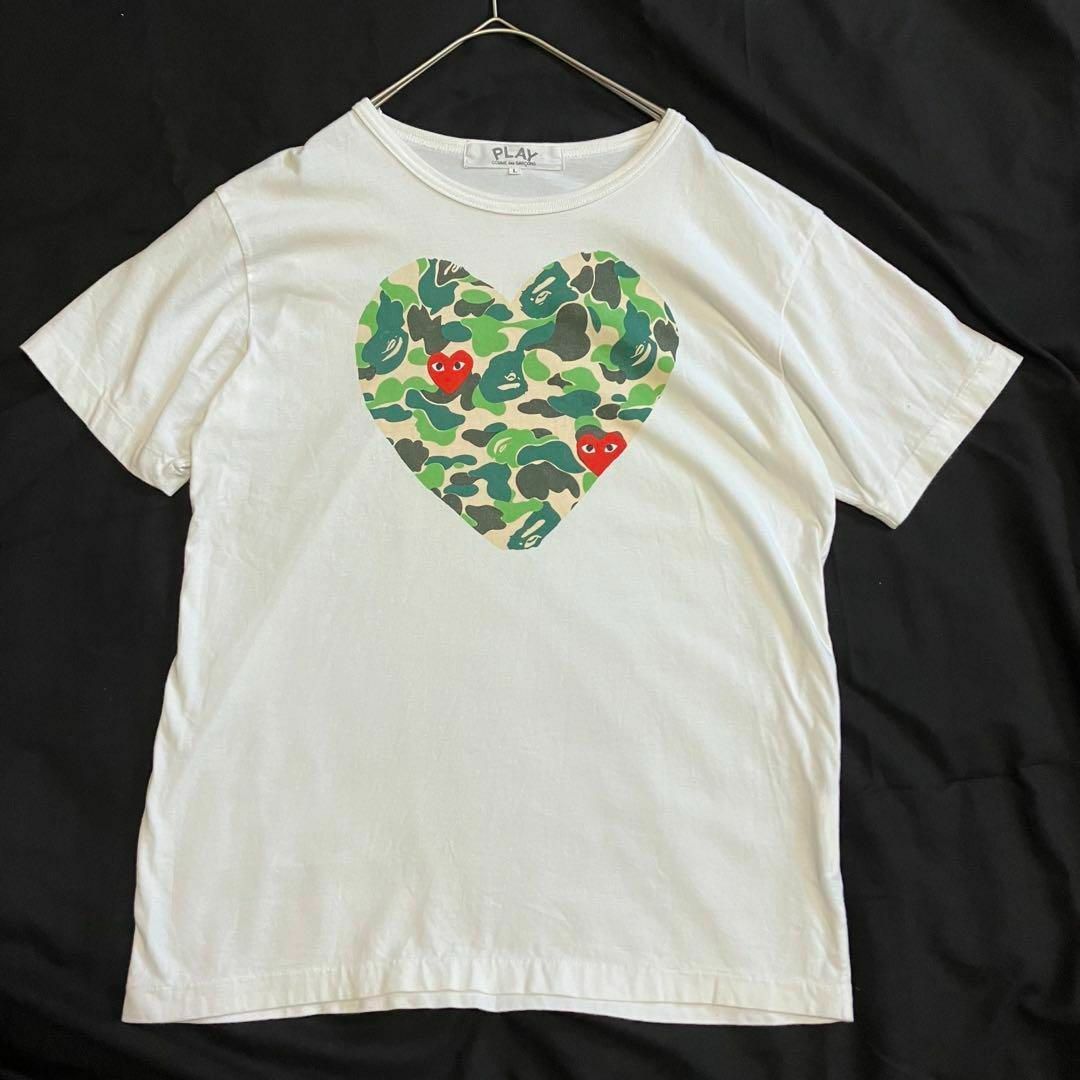 COMME des GARCONS(コムデギャルソン)の【レア】プレイコムデギャルソン　アベイシングエイプ　半袖Tシャツ　コラボ　白　L レディースのトップス(Tシャツ(半袖/袖なし))の商品写真