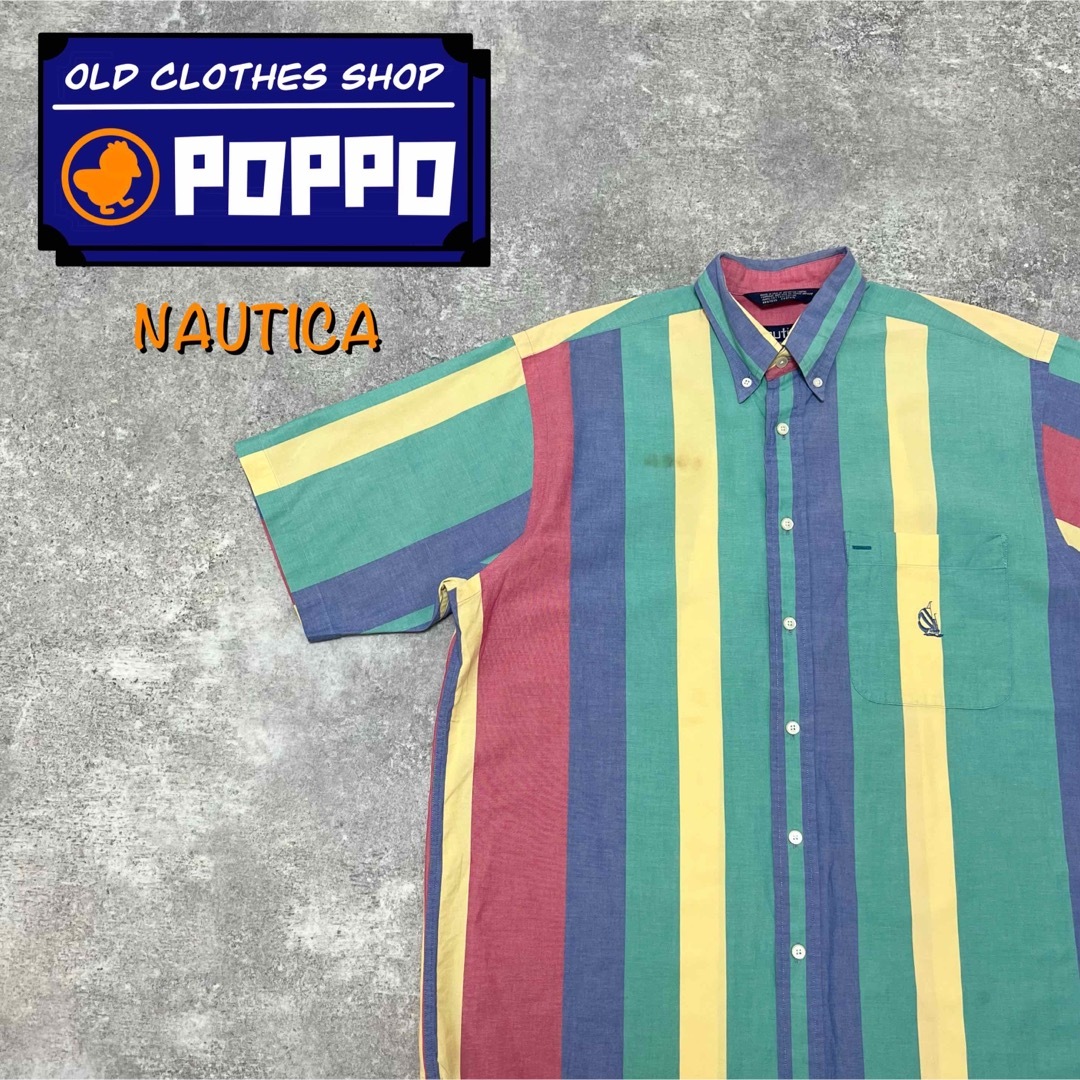 NAUTICA(ノーティカ)のノーティカ☆USA製刺繍ロゴ半袖パステルボールドストライプシャツ 90s メンズのトップス(シャツ)の商品写真