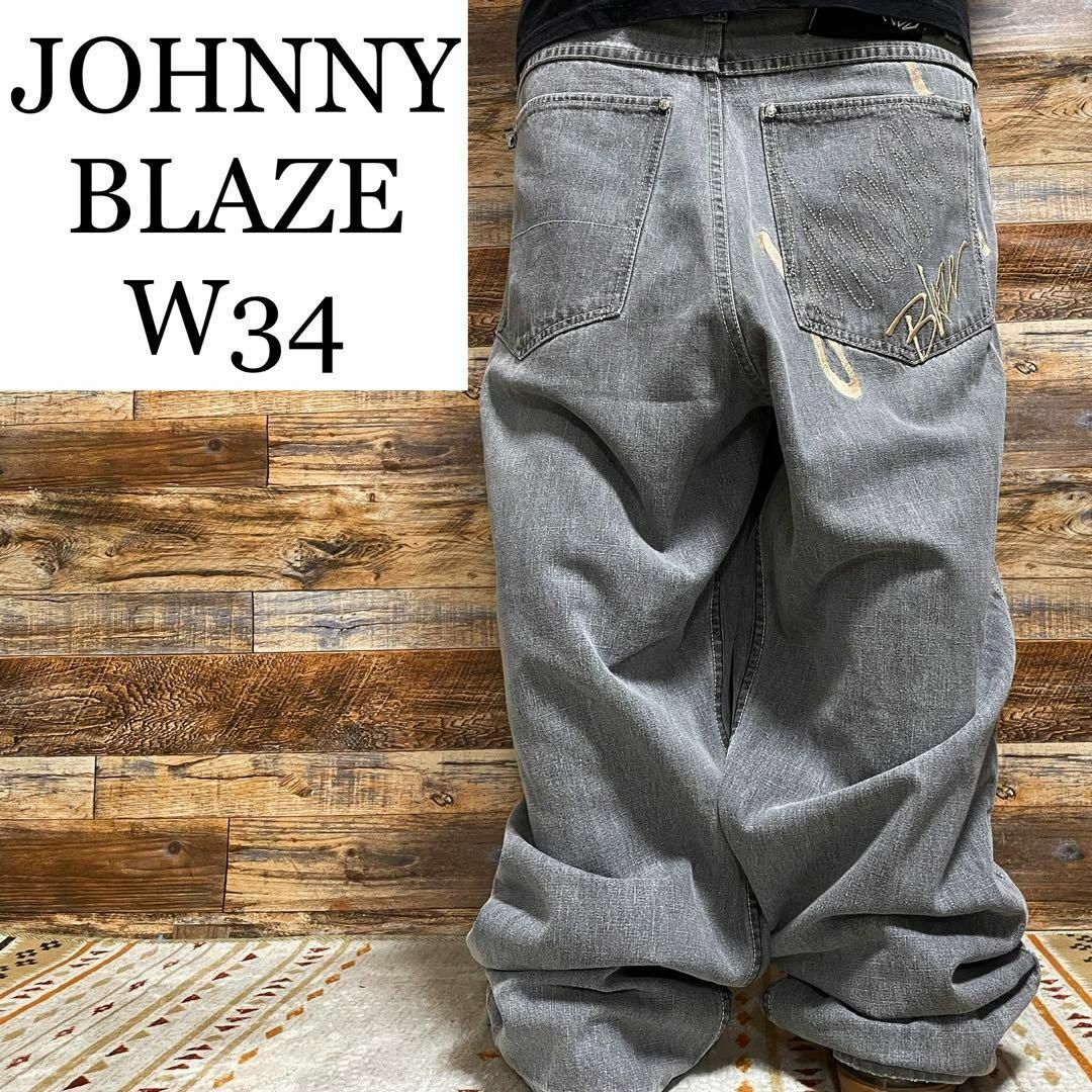 ジョニーブレイズバギーデニムジーンズジーパン灰色グレーw34刺繍ストリートb系