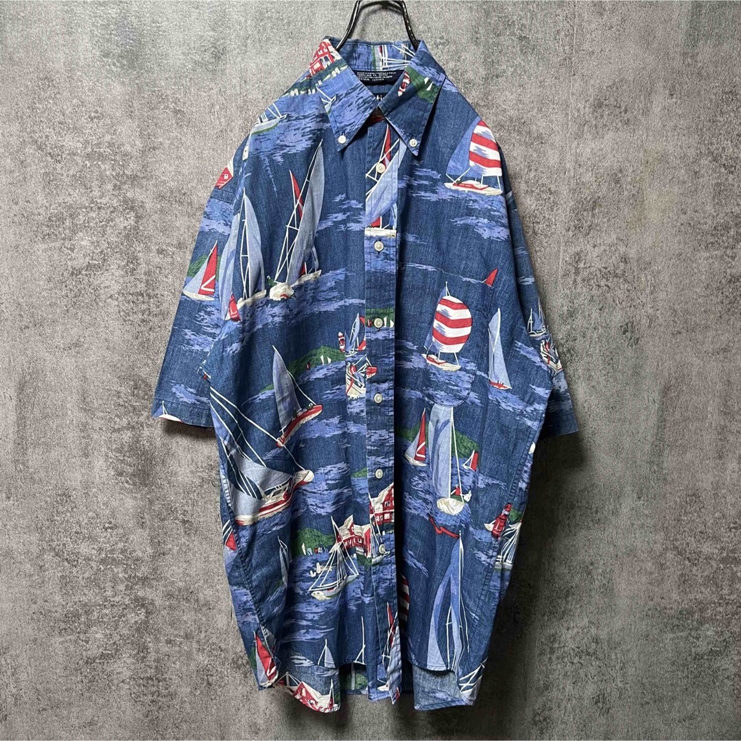 NAUTICA(ノーティカ)のノーティカ☆マカオ製セーリングヨット柄半袖マリン総柄シャツ 90s メンズのトップス(シャツ)の商品写真