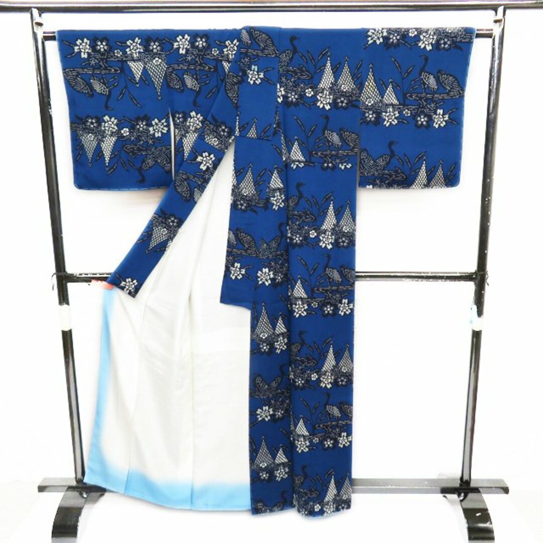 特選 小紋 着物 未使用 正絹 袷 カジュアル 琉球藍型 縮緬地 ちりめん 網干 花 鳥 青藍色 身丈162cm 裄67cm M きもの北條 A888-4 特選 小紋 着物 未使用 正絹 袷 カジュアル 琉球藍型 縮緬地 ちりめん 網干 花 鳥 青藍色 身丈162cm 裄67cm M きもの北條 A888-4