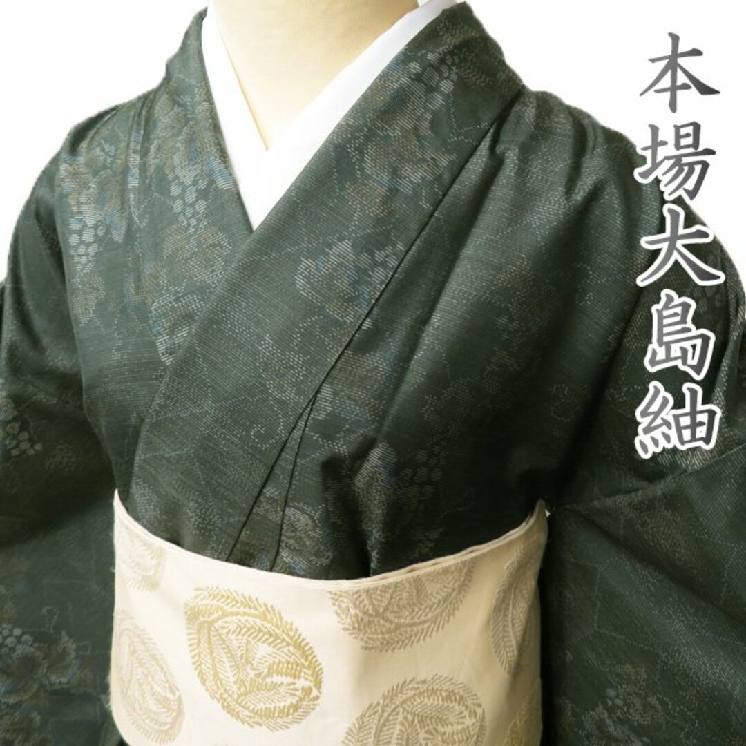 本場 大島紬 着物 中古 正絹 袷 ラベル付き 草木色泥染 葡萄模様 柳煤竹色 身丈164cm 裄66.5cm L ワイド きもの北條 A888-2 | フリマアプリ ラクマ