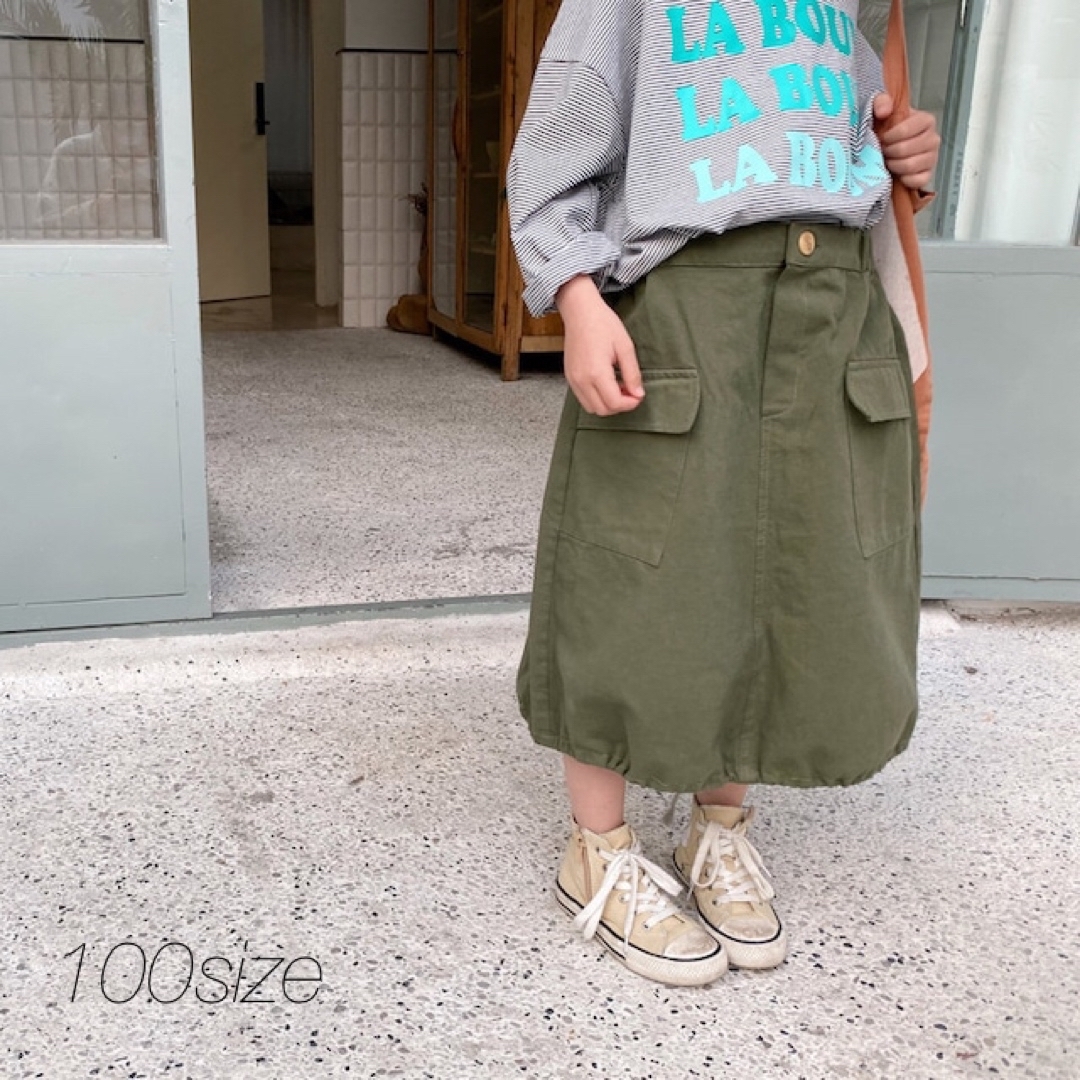 カーキ100) キッズ カーゴスカート ミリタリー ロング 韓国子供服の