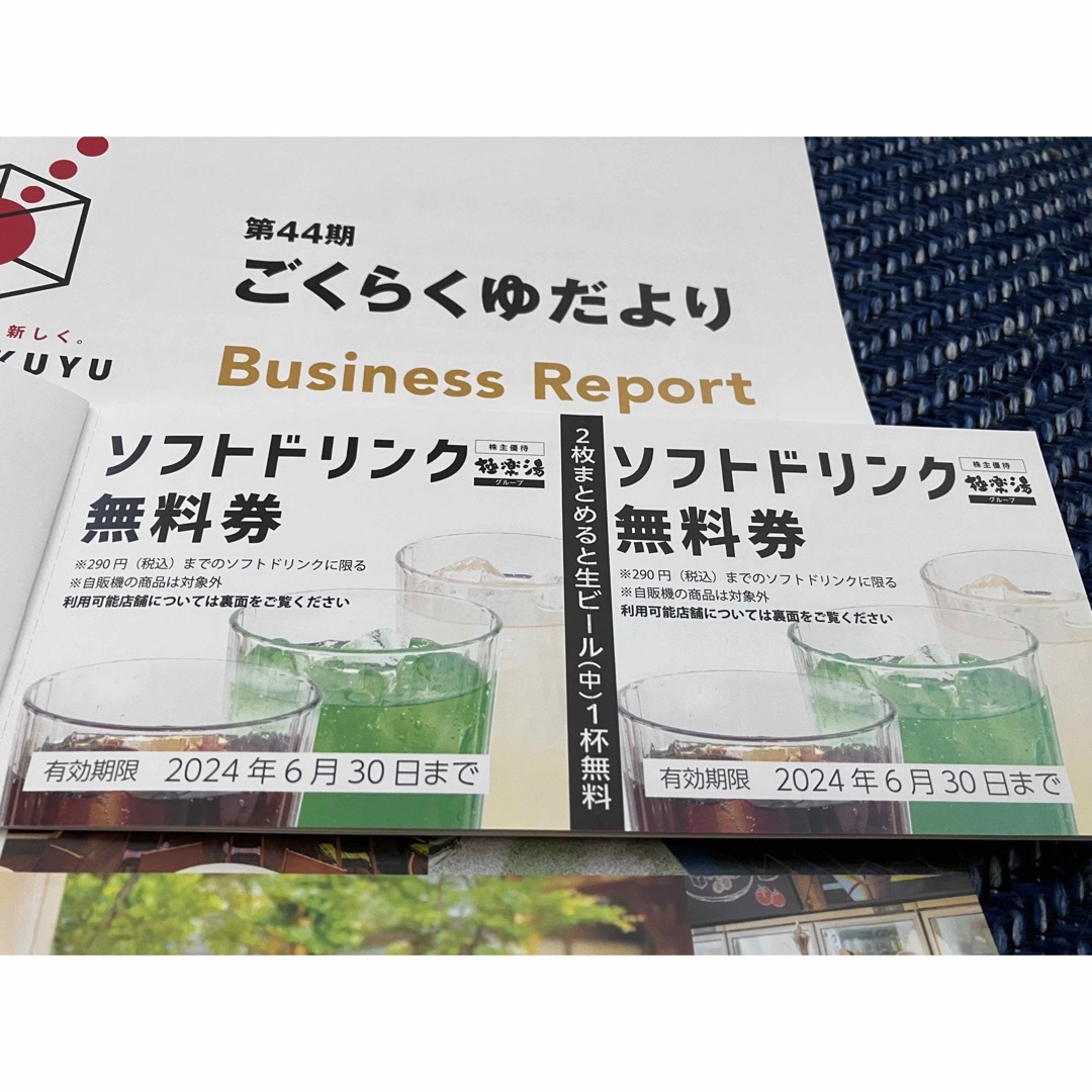 極楽湯の優待券 2枚とソフトドリンク無料券2枚 有効期限2024年6月30日