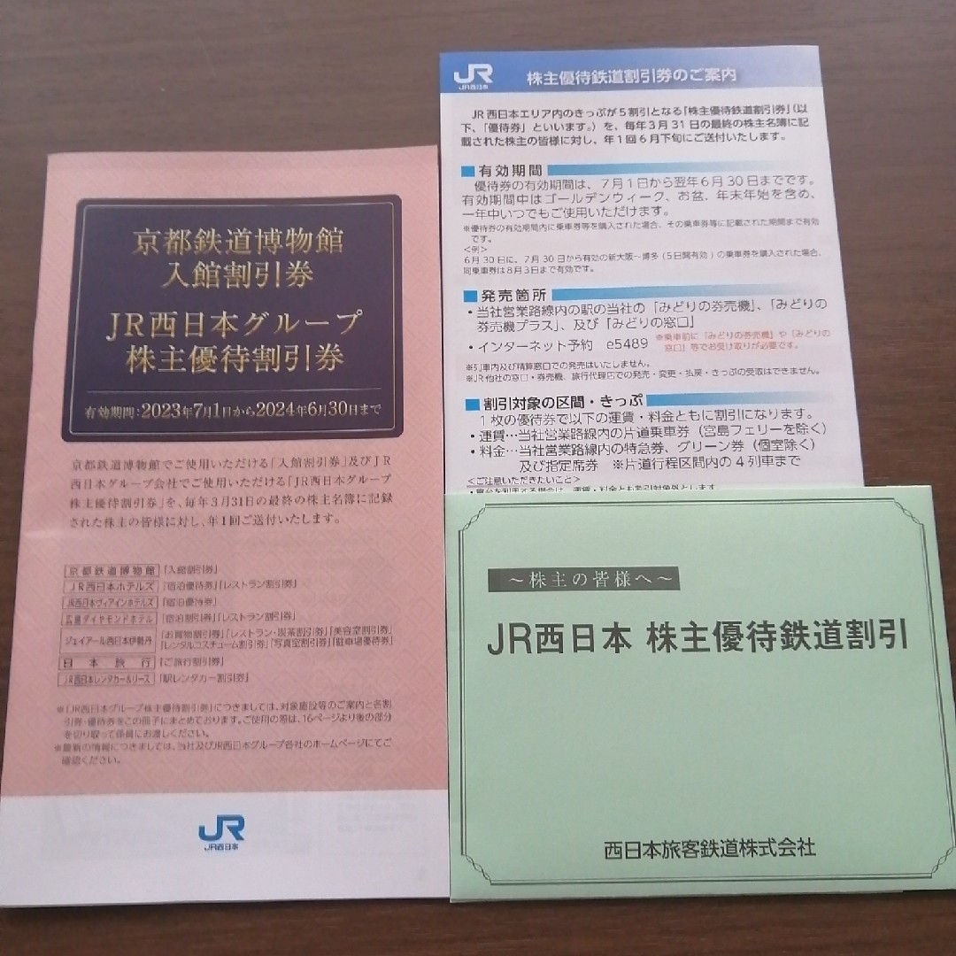 JR西日本 株主優待鉄道割引1枚、京都鉄道博物館・JR西日本グループ割引券