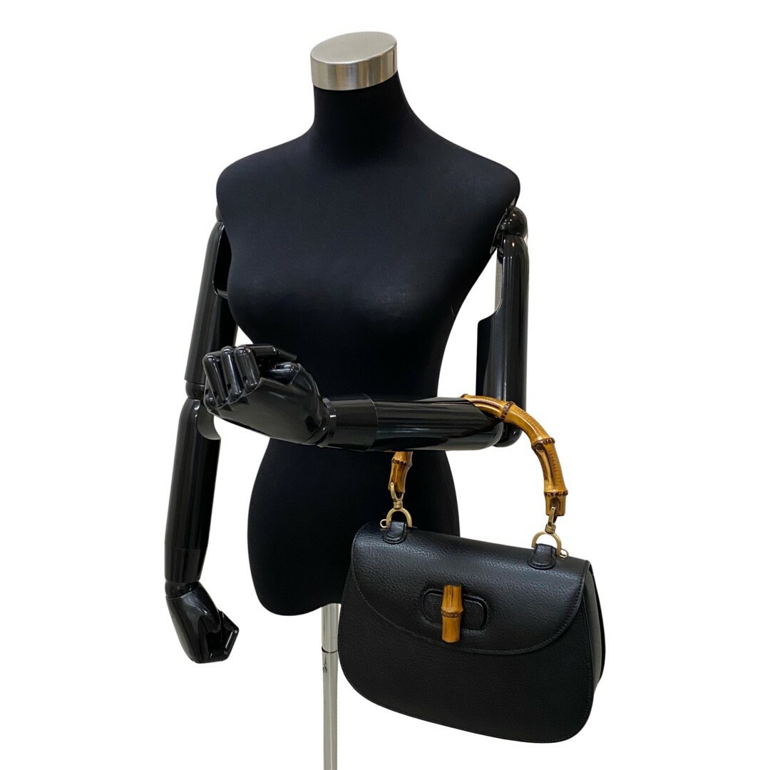 ほぼ未使用 GUCCI グッチ オールドグッチ ヴィンテージ バンブー レザー 本革 ターンロック ハンドバッグ ミニ トートバッグ 黒 30478