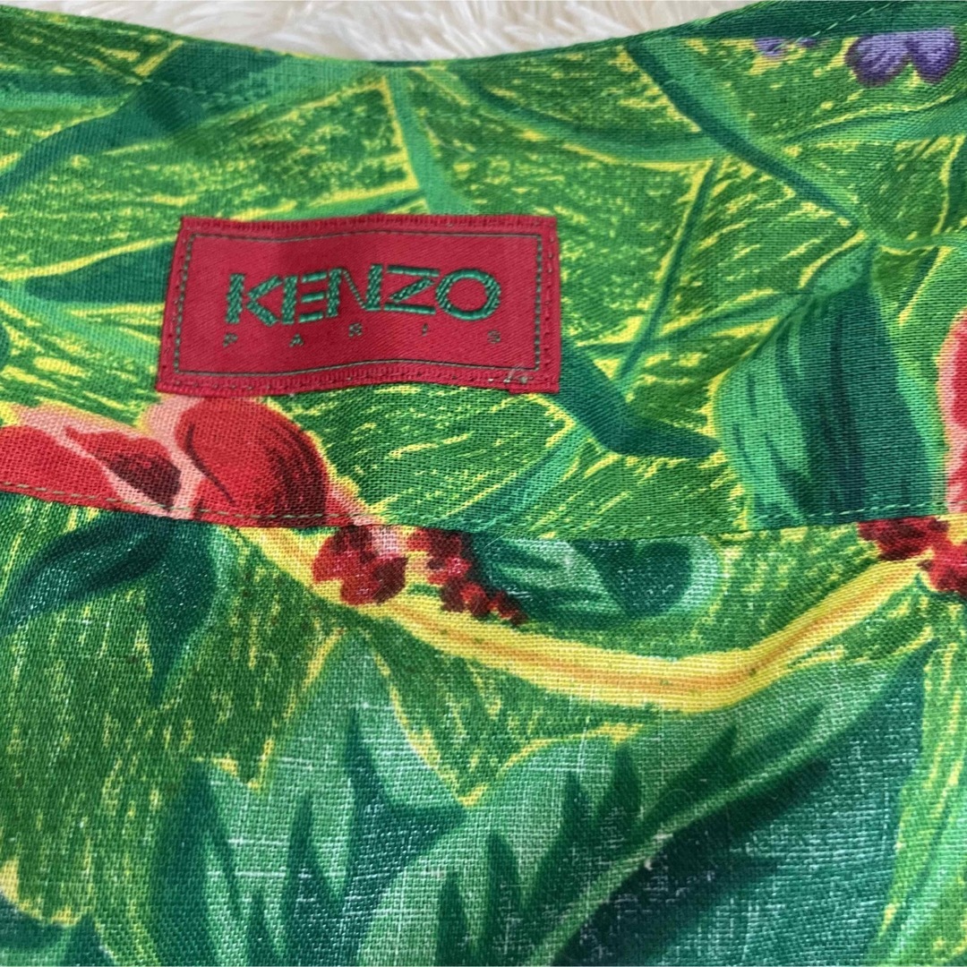 KENZO セットアップ Vネックブラウス 花柄 リネン混 グリーン　七分袖