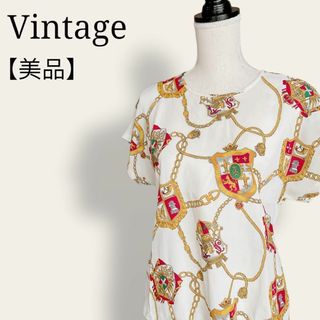 アートヴィンテージ(ART VINTAGE)の【美品】ヴィンテージ　クサリ柄　総柄ブラウス　昭和レトロ　平成レトロ(Tシャツ(半袖/袖なし))