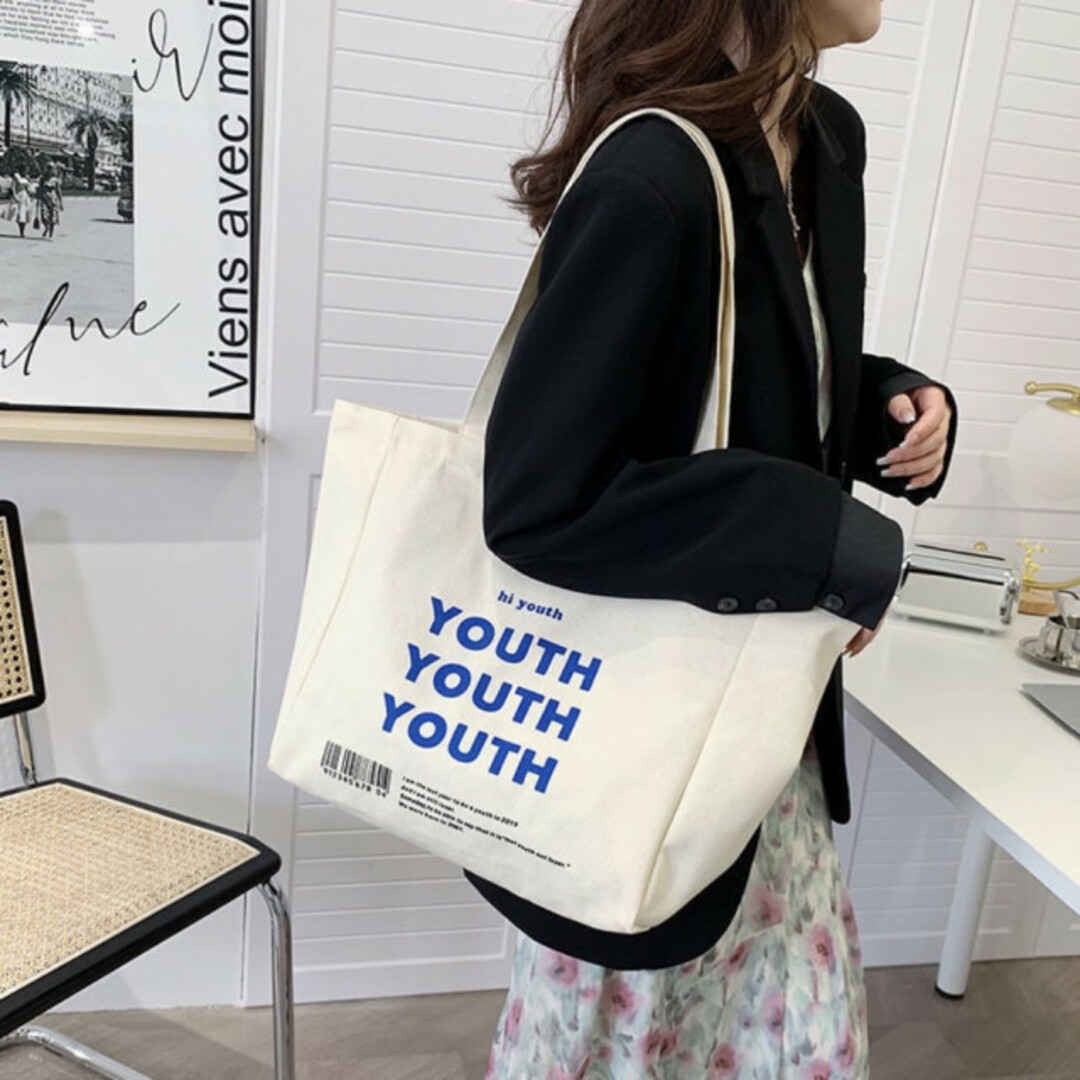youth ロゴ トートバッグ 大容量 マチあり 韓国ファッション キャンバス レディースのバッグ(トートバッグ)の商品写真