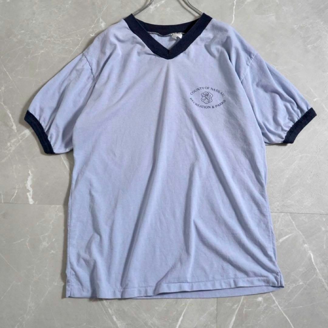 90s リンガーネック　Tシャツ　USA製　XLサイズ　青　ワンポイント