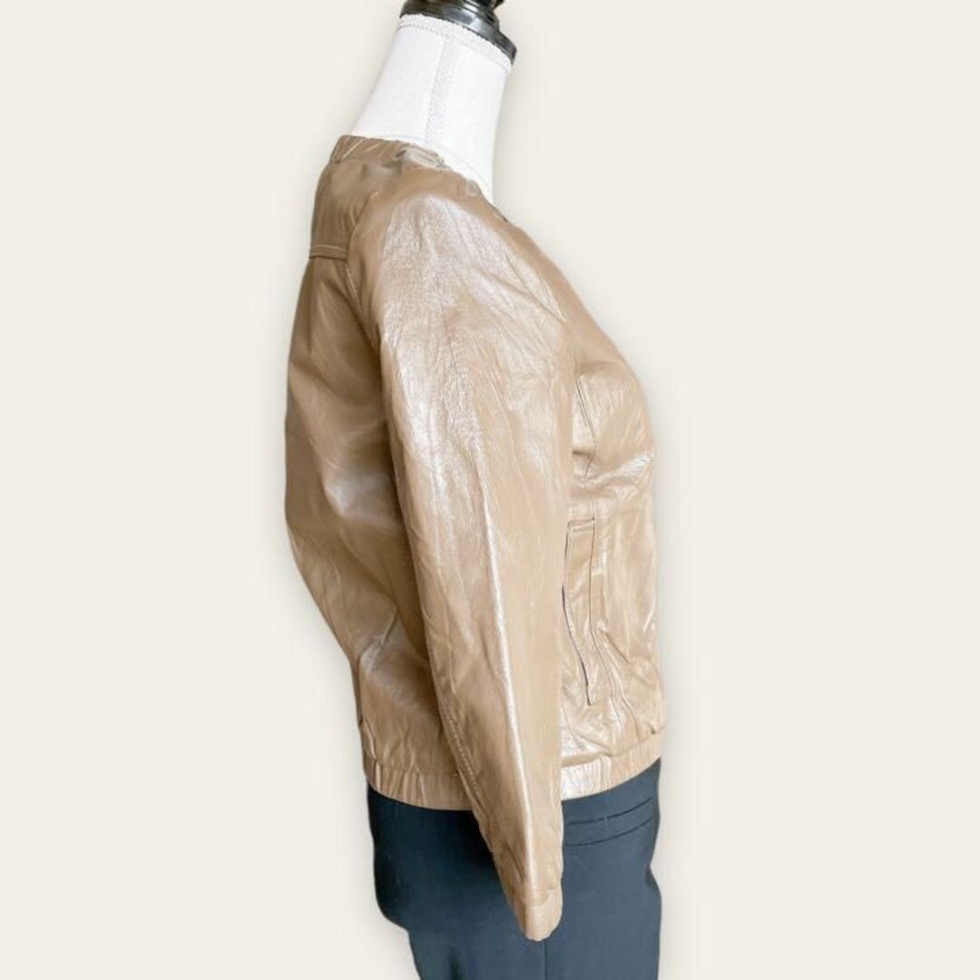 【美品】レザージャケット　豚革100% Wジップ　8分袖　裾と袖口と首周りゴム