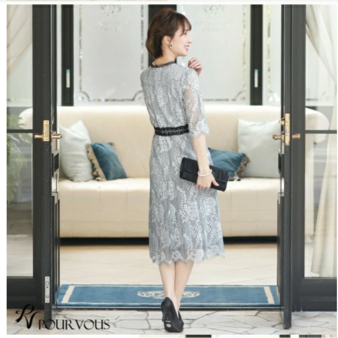 POURVOUS - 【新品・定価20,900円】袖付きスカラップレースドレス