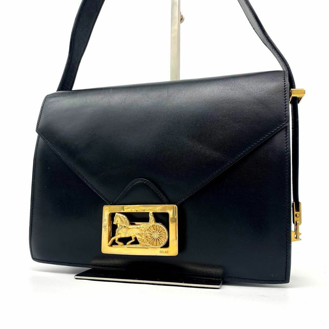 【美品】celine ワンショルダー　肩掛け　エレガント　馬車　ロゴ　金具　金黒 | フリマアプリ ラクマ