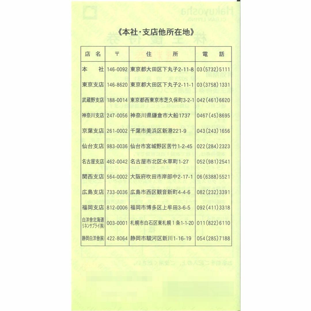 白洋舎 株主優待無料券(5枚) 有効期限2023.10.31 クリーニング無料券