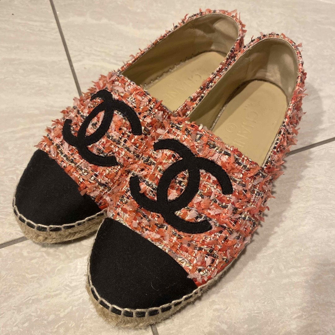 CHANEL - CHANEL エスパドリーユ 37 ピンク ツイード ココマーク