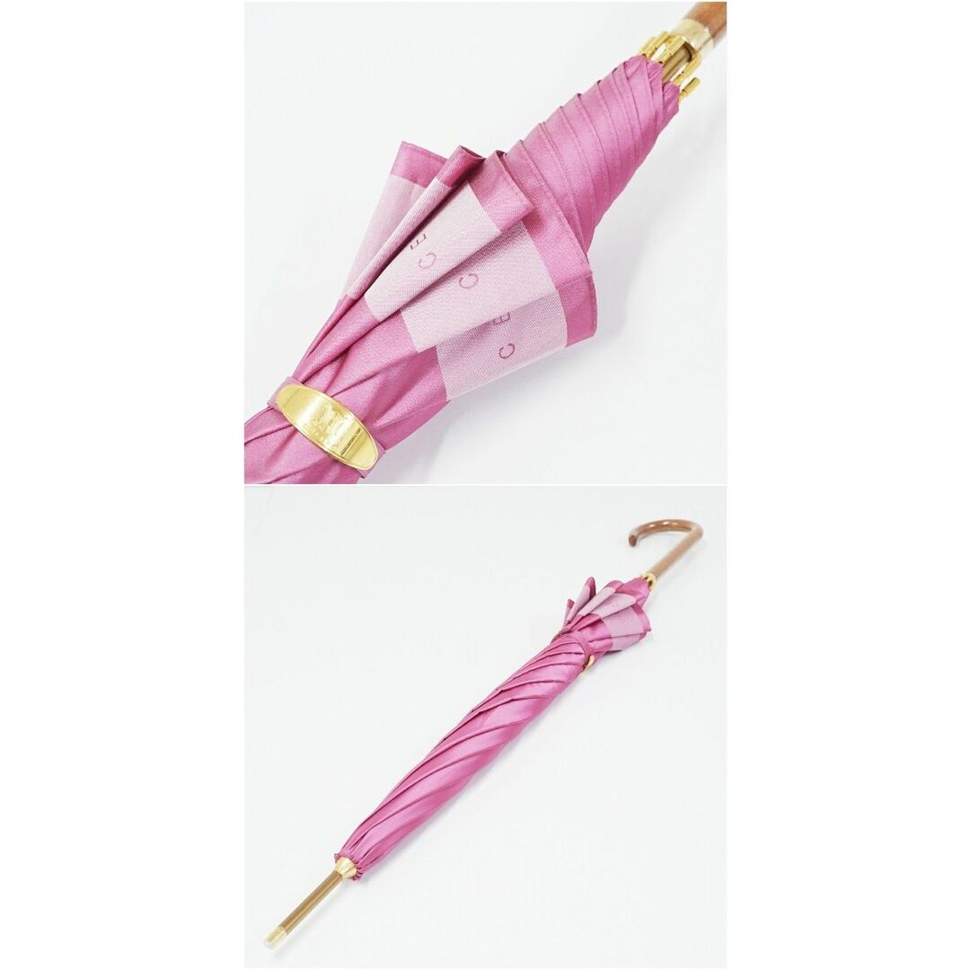 高級傘 CELINE セリーヌ USED美品 ピンク ロゴライン シンプル カーボン骨 軽量 木製手元 60cm S S9814